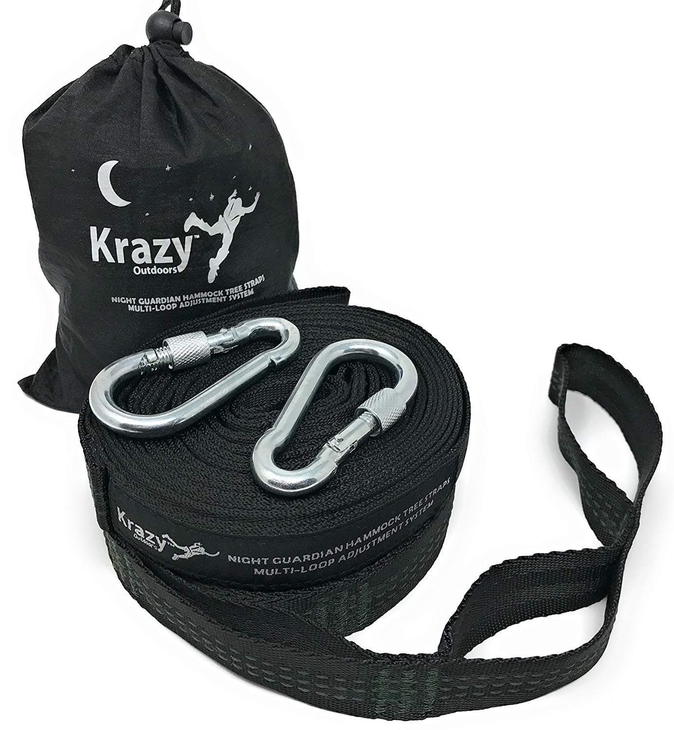 Krazy Outdoors Night Guardian Hammock Tree Straps - Black with Dark Green Stitching - Heavy Duty - 21 Multi-Loop Adjustment System - 100% Polyester Webbing Quality Straps - 1500 lbs Weight Capacity