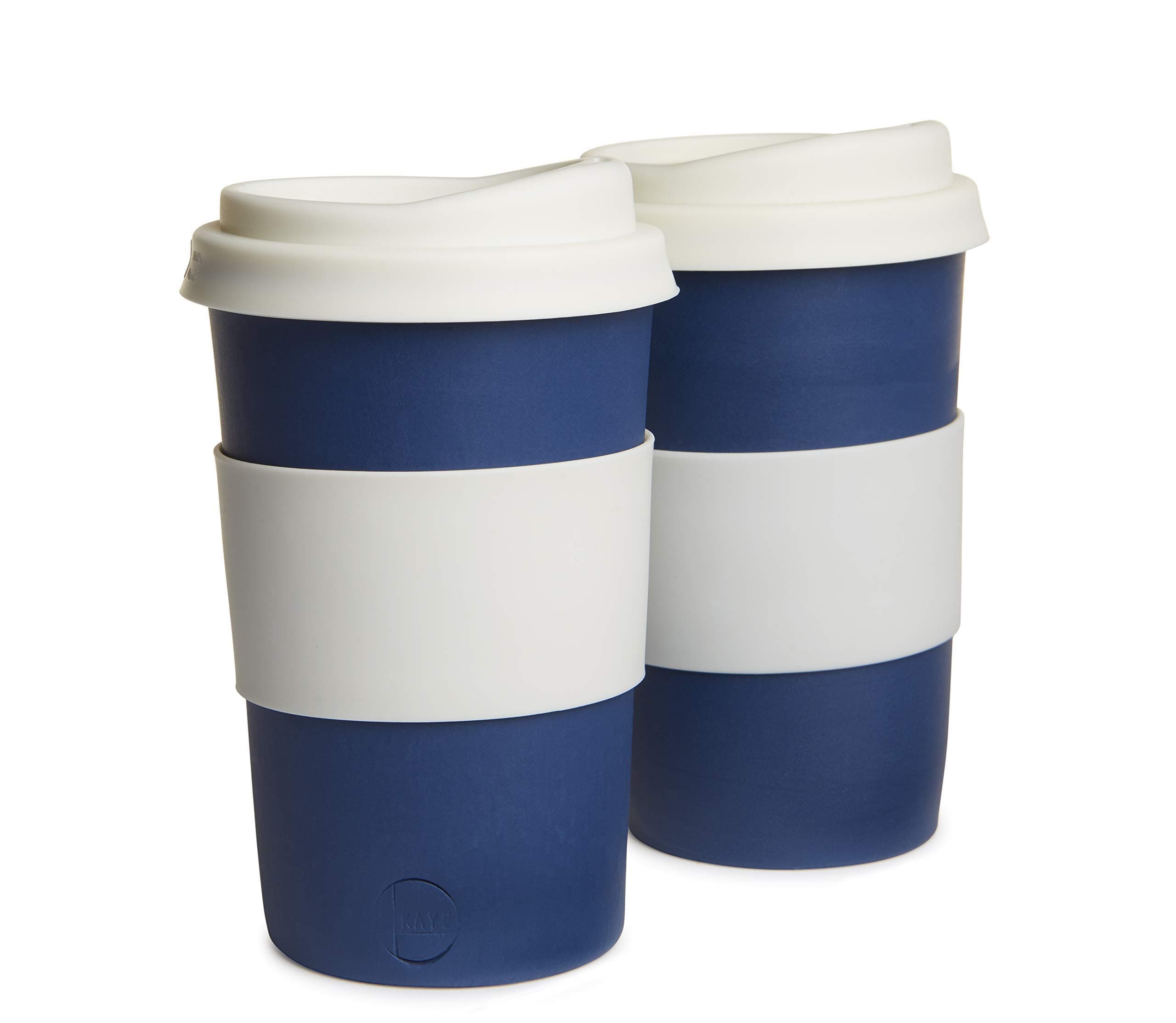 a pair of solid blue (with detail drip in white) handmade to-go/travel cups for home, car or coffee shop use. Silicone lid and cuff, porcelain body. dishwasher proof. 12-14 oz. (2 cups)