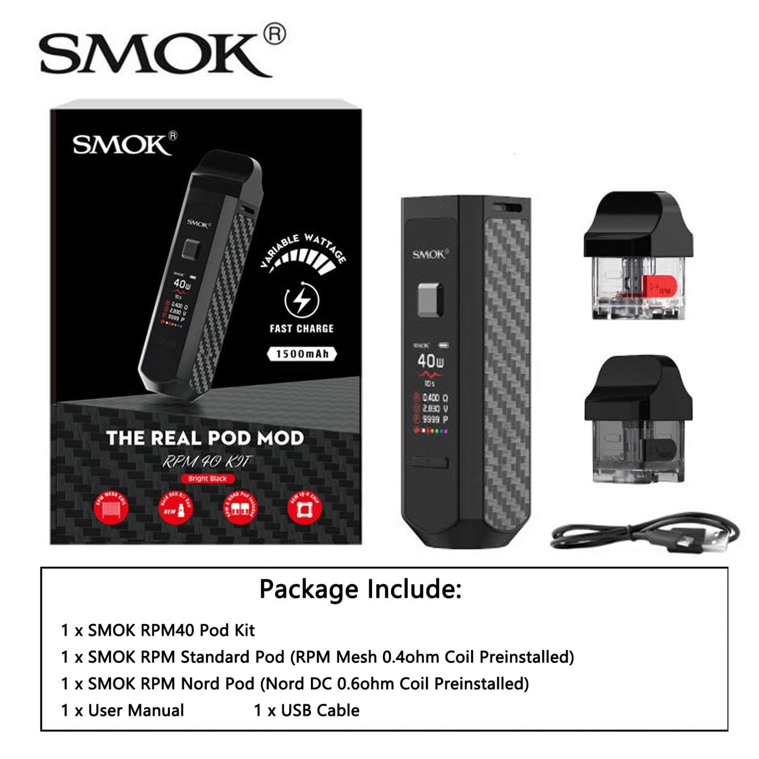 RPM40 Stylish Pod System Starter Kit (Bright Black)