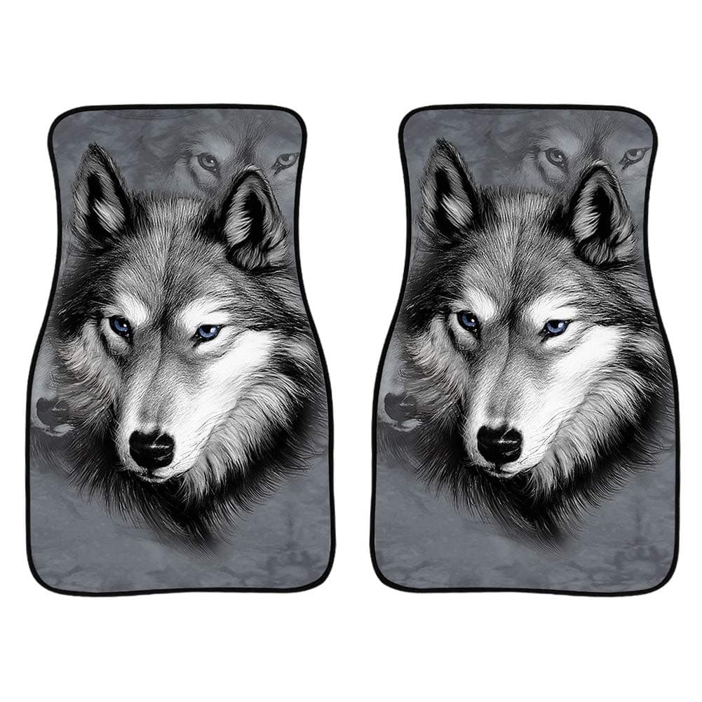doginthehole 2 Piece Wolf Pattern Gray Premium Quality Carpet Tropical Palm Leaves Vehicle Mat with Non Slip Rubber Backing Universal Fit for Cars Trucks SUV Vans