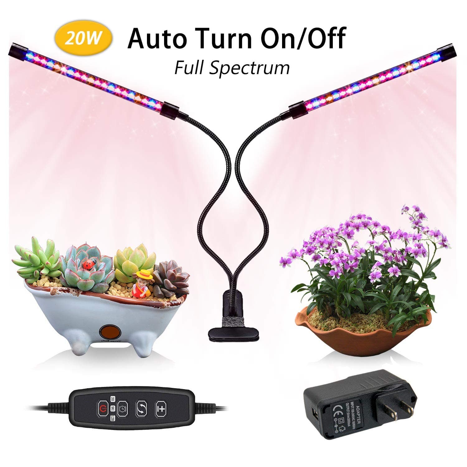 Led Grow Light,20W 40 Led Auto Turn On Grow Lights for Indoor Plants,JEKOOMI Timming USB Plant Grow Lamp with 9 Dimmable Levels,Red Blue Full Spectrum,3/9/12H Timer,3 Switch Modes