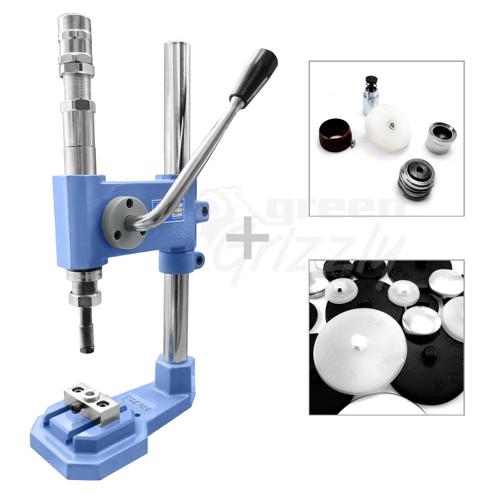 Industrial Stroke Button Making Press Cover Machine + Mould + Cutter + 200 Buttons (Black Backs, 44-28 mm)