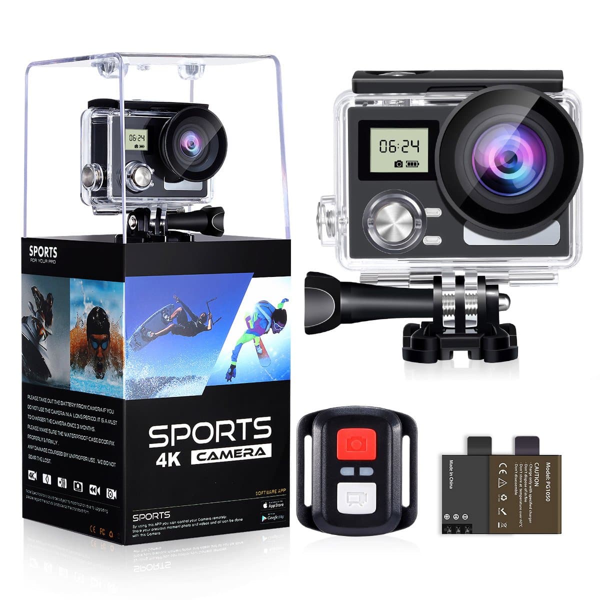 WiFi Action Camera 4K 24MP Waterproof Ultra HD Remote EIS Sports Camera 100Ft Underwater OGL 2" LCD 170° Wide Angle with 2 Rechargeable Batteries Mounting Accessories Kits (Upgraded 24MP 128GB)