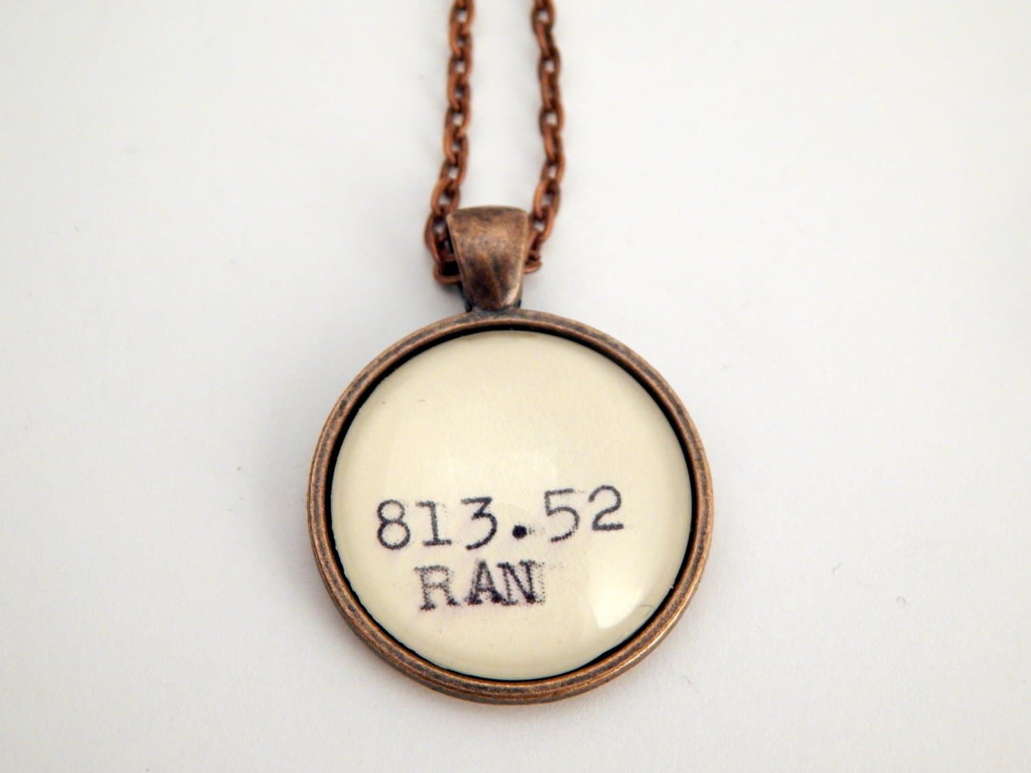 Copper Ayn Rand library card catalog necklace