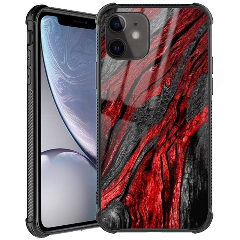 Doulounan iPhone 11 Case, Black Red Wood Grain Pattern iPhone 11 Cases for Men Boy Slim Fit Tempered Glass Cover with Soft Silicone TPU Shockproof Bumper Case for iPhone 11 Case 6.1inch