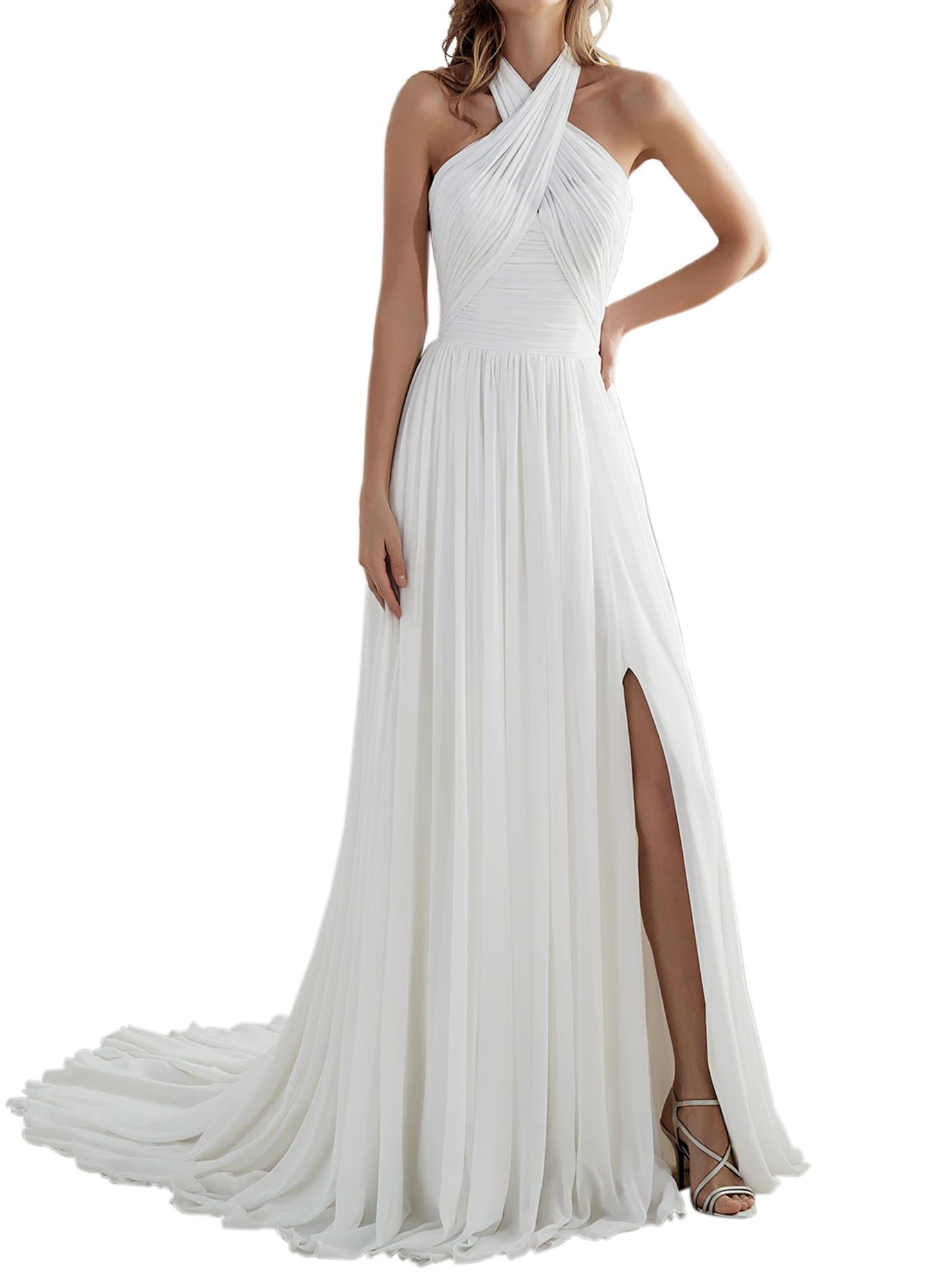 Women's Beach A Line Slit Low Back Long Chiffon Wedding Dress Bridal Gown for Bride