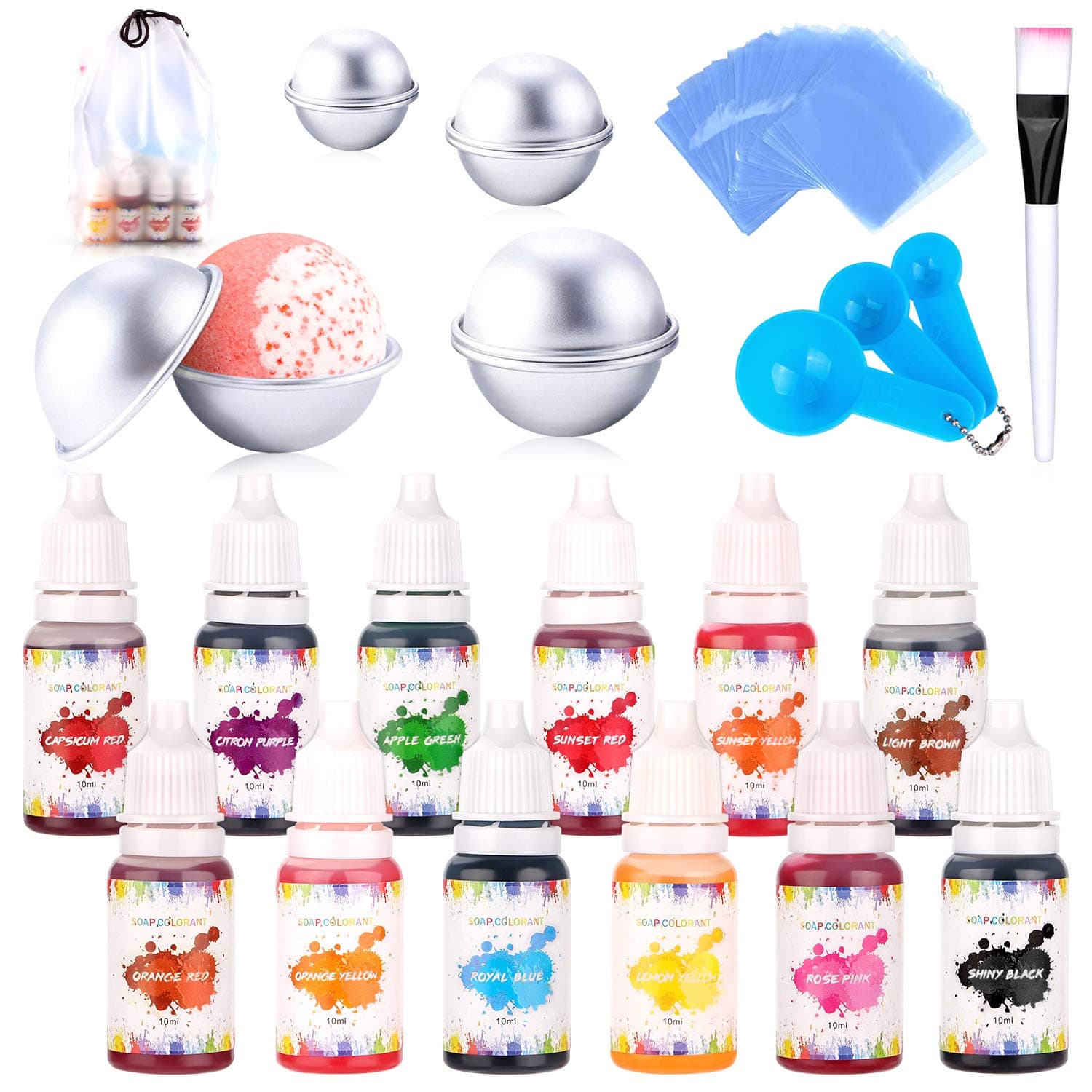 Bath Bomb Mold Set with 12 Colors Liquid Soap Dye, Shrink Wrap Bags, 1Brush 1Spoons 1Gift Bag for Crafting Your Own Fizzles