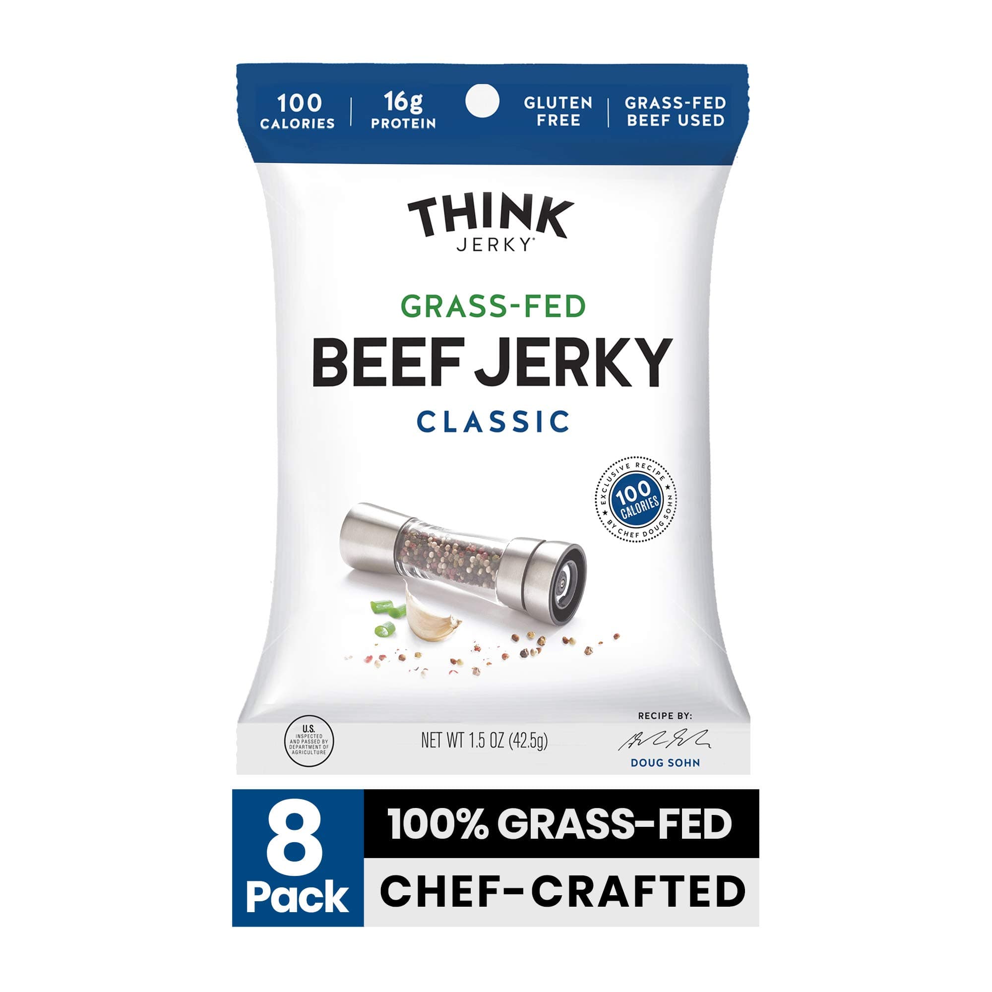 Classic Beef Jerky by Think Jerky — Delicious Chef Crafted Jerky — Grass-Fed Beef Free of Gluten, Antibiotics and Nitrates — Healthy Protein Snack Low in Calories, Fat and Salt — 1.5 Ounce (8 Pack)