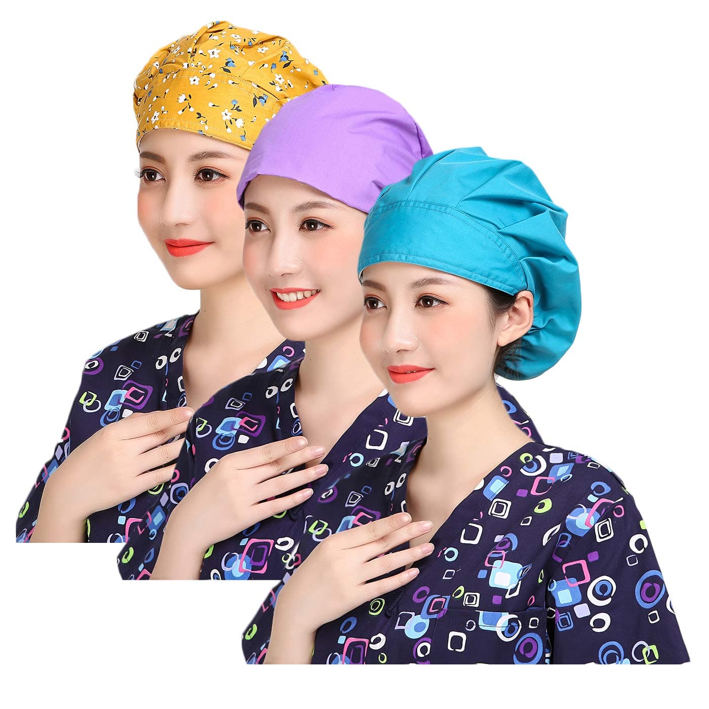 Nothar 3pc Women's Adjustable Scrub Cap Sweatband Bouffant Hats Value Set