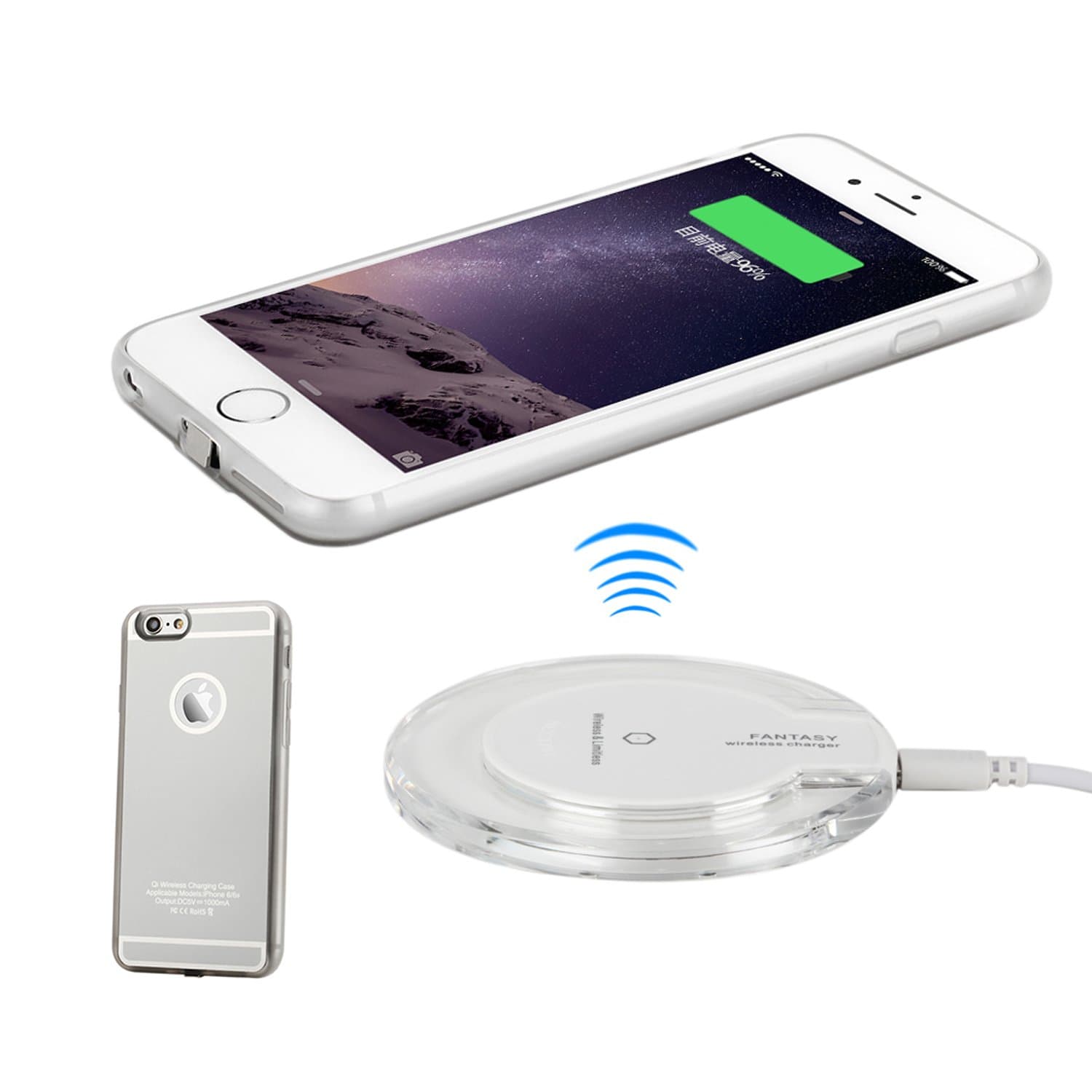 Antye Qi Wireless Charger Kit for iPhone 6 Plus /6S Plus (5.5 Version), Includes Slip-proof Wireless Charging Pad and Wireless Charging Receiver Case Flexible TPU Back Cover, Silver/White