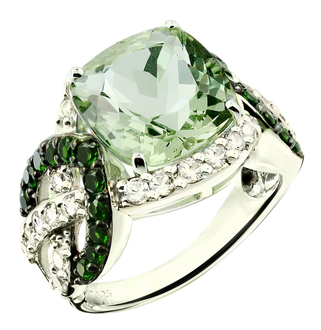 Sterling Silver 925 Statement Ring Genuine Gemstone Cushion 12 mm, Rhodium-Plated Finish