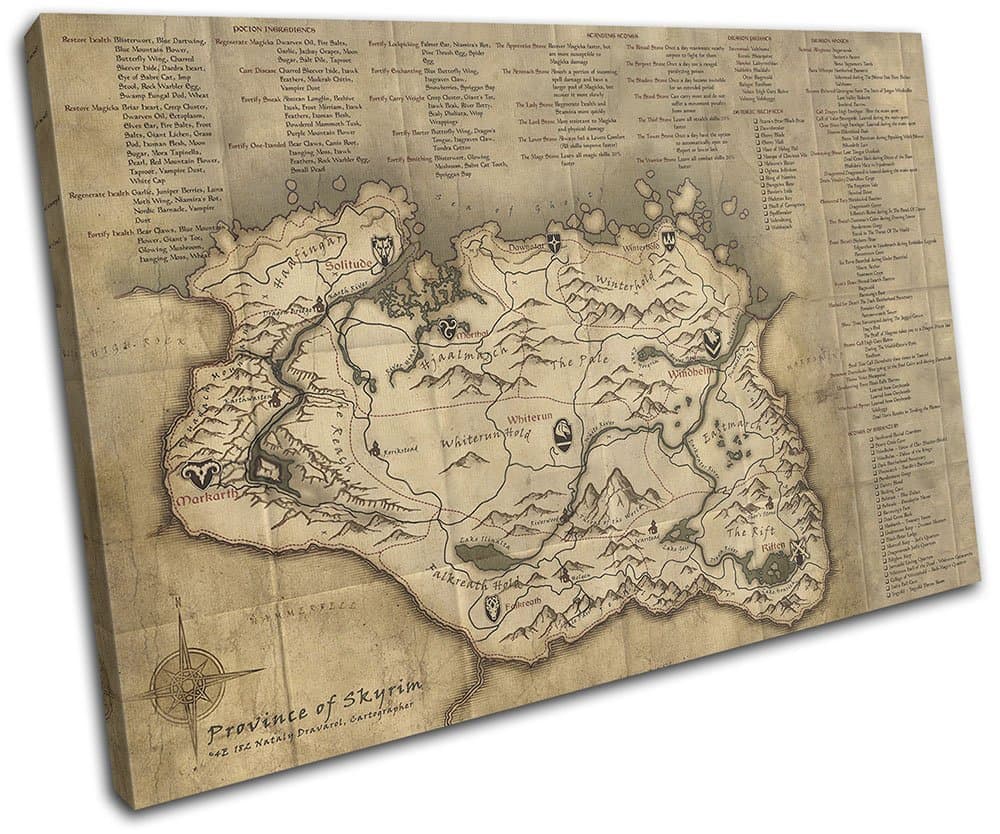 Bold Bloc Design - The Elder Scrolls Skyrim Map Gaming 75x50cm SINGLE Canvas Art Print Box Framed Picture Wall Hanging - Hand Made In The UK - Framed And Ready To Hang 13-2496(00B)-SG32-LO-C
