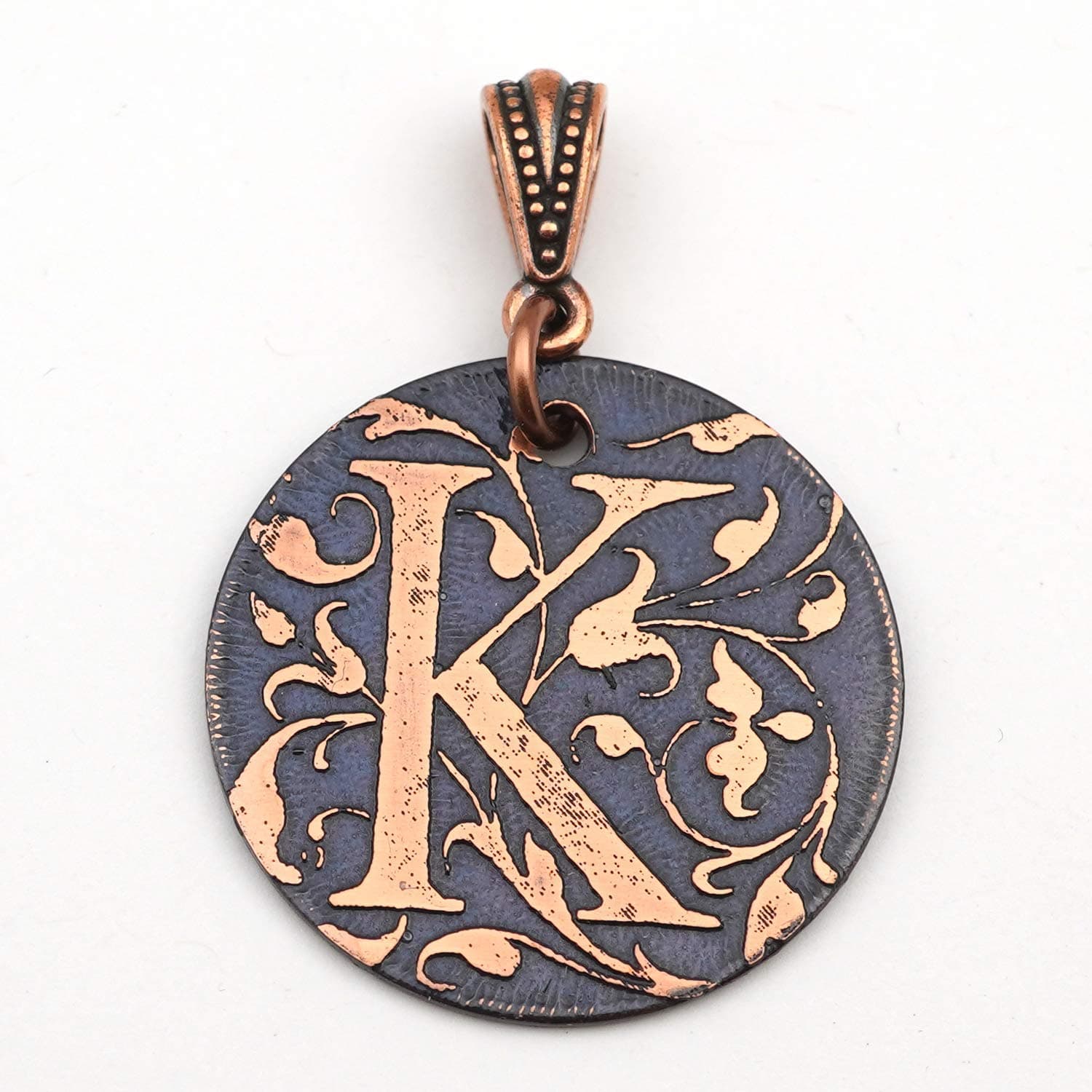 Round flat etched copper letter K pendant 28mm