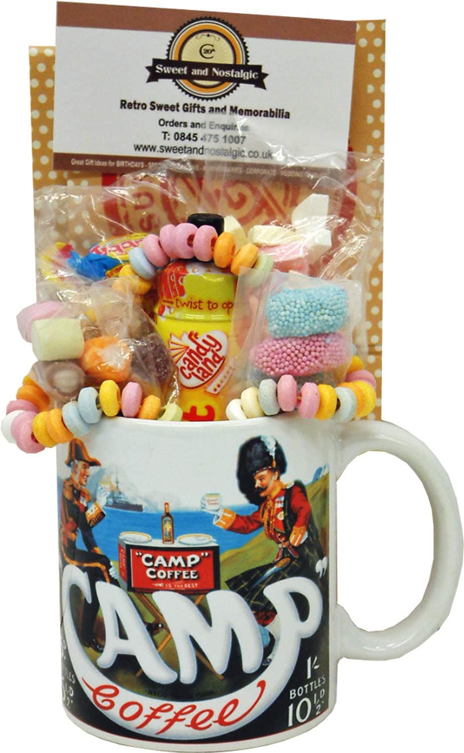 Camp Coffee Mug with a Selection 1960's Retro Sweets