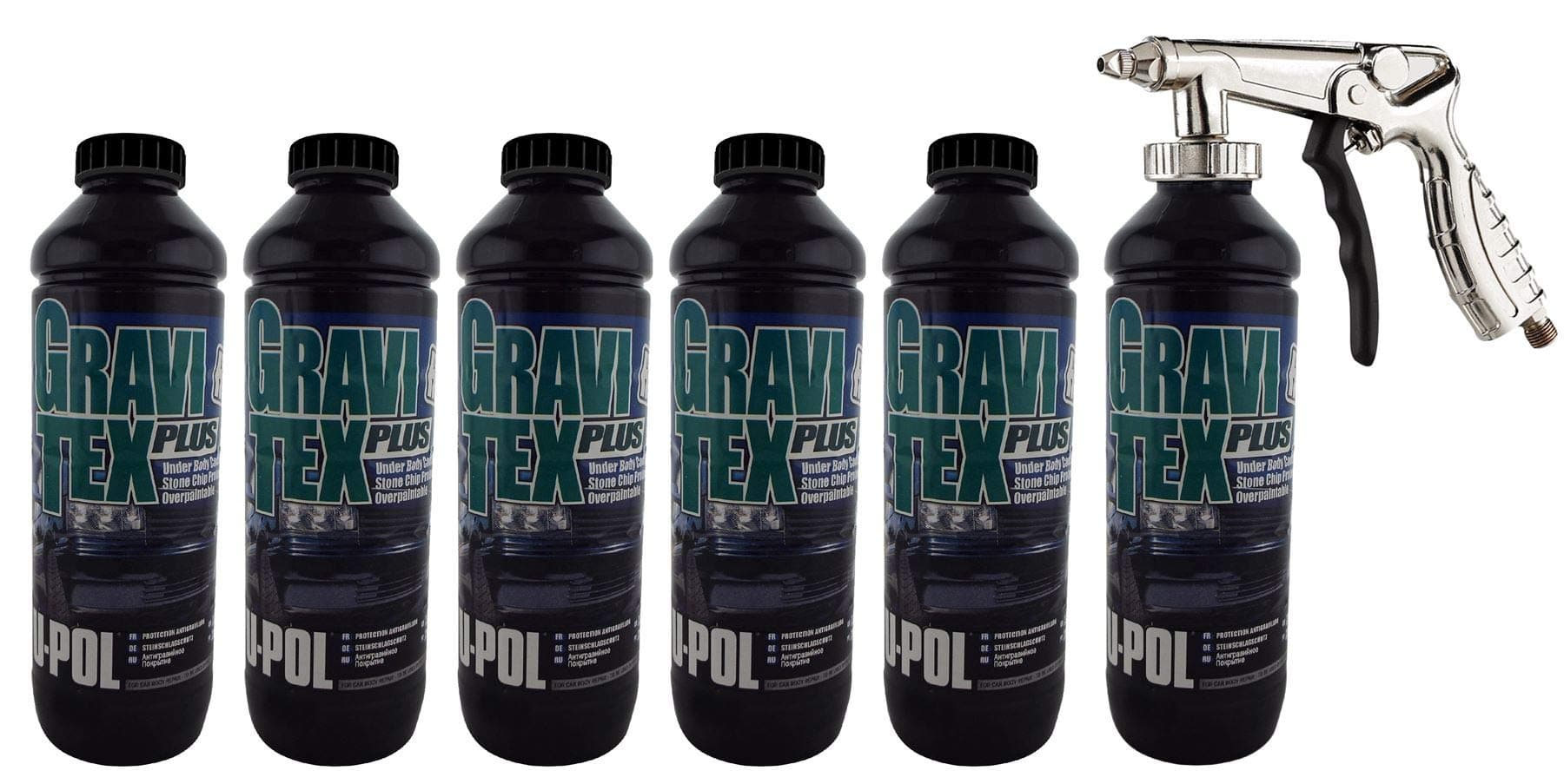 Gravitex U-Pol Black Professional Stone Chip Protector 6 x 1 Litre + Air Fed Application Gun Underbody, Vehicle Stone…