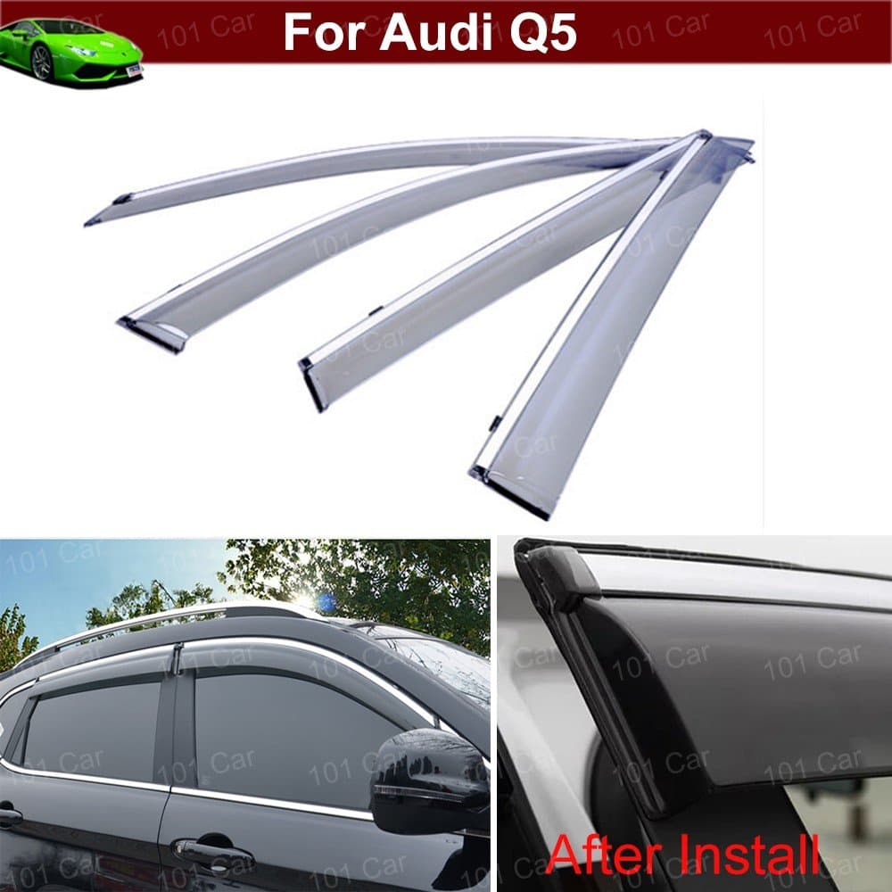 4pcs Smoke color Window/Visor Vent Shade Rain/Sun/Wind Guard Shied with Chrome Trim Emblems Custom Fit For Audi Q5 2008 2009 2010 2011 2012 2013 2014 2015 2016 2017 2018