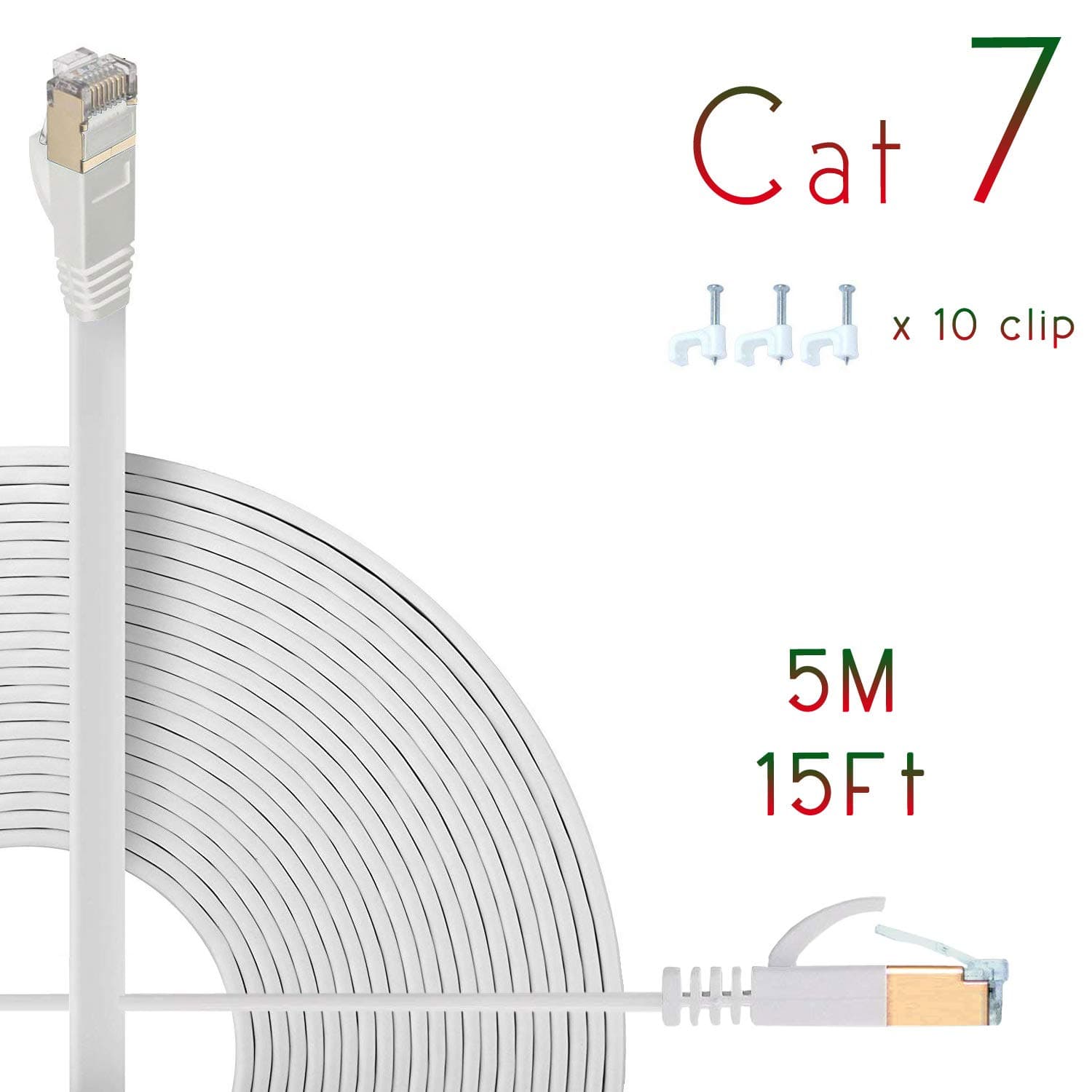 Cat7 Ethernet Cable 5m, Cat7 Lan Network RJ45 High Speed 10Gbps 600Mhz Patch Flat Cable STP Copper Wires Shielded Internet Cord for Xbox,PS4,PS3,Modem,Router,LAN,Switch, Comes with Cable Clips (White)