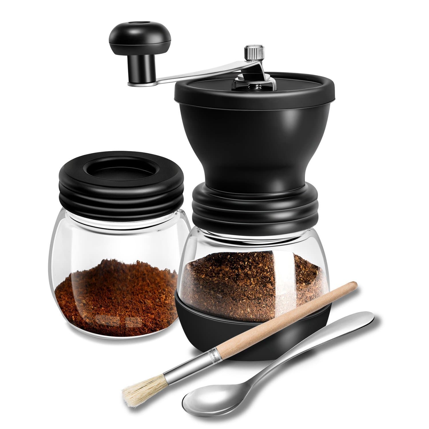 Manual Coffee Grinder with Adjustable Conical Ceramic Burr | Best Portable Hand Coffee Mill for Travel, Camping, Aeropress Compatible | Stainless Steel Body and Hand Crank -