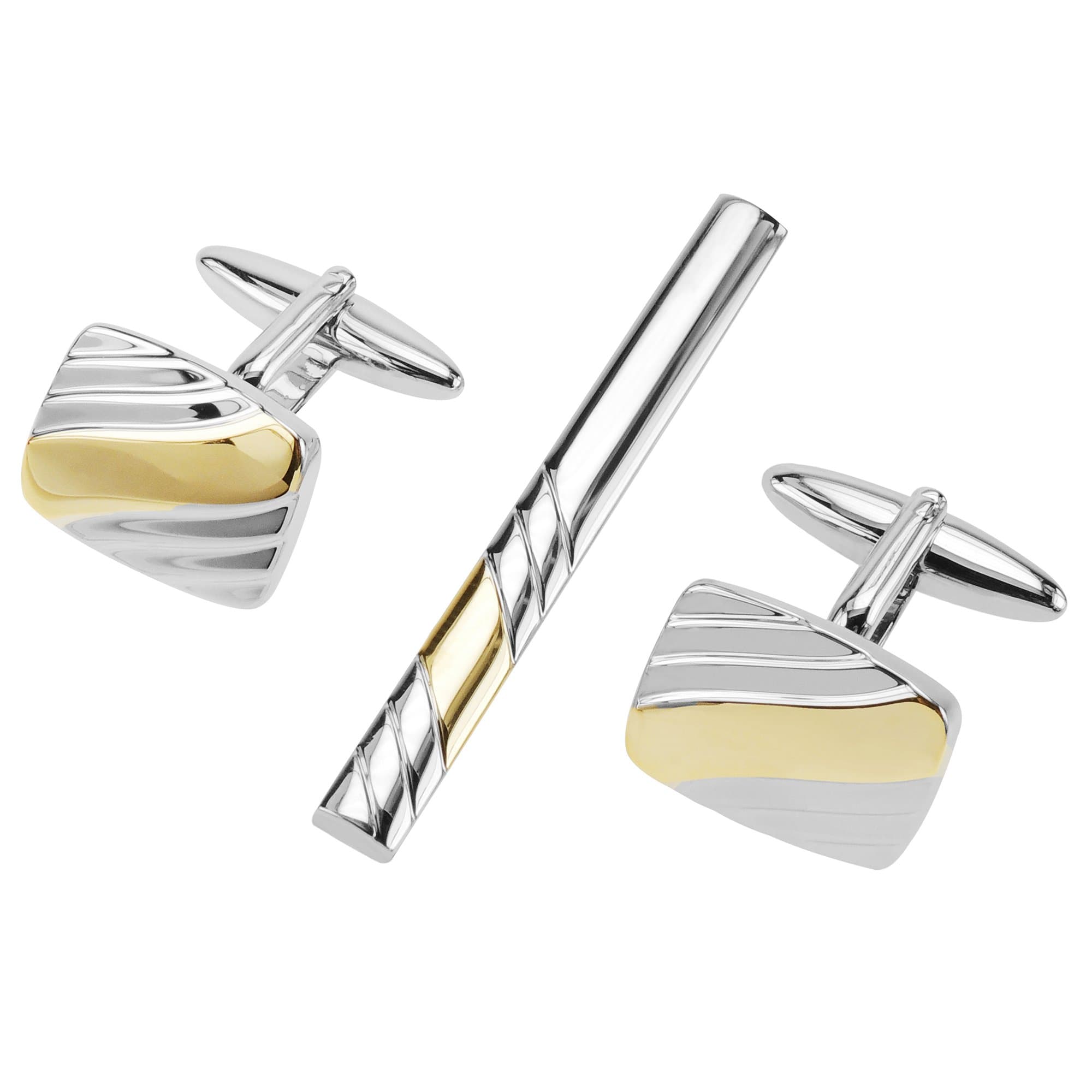 CUFF IT Cufflinks and Tie Slide Pin Set Two Tone Etched Lines Mens Accessories Jewellery Sets