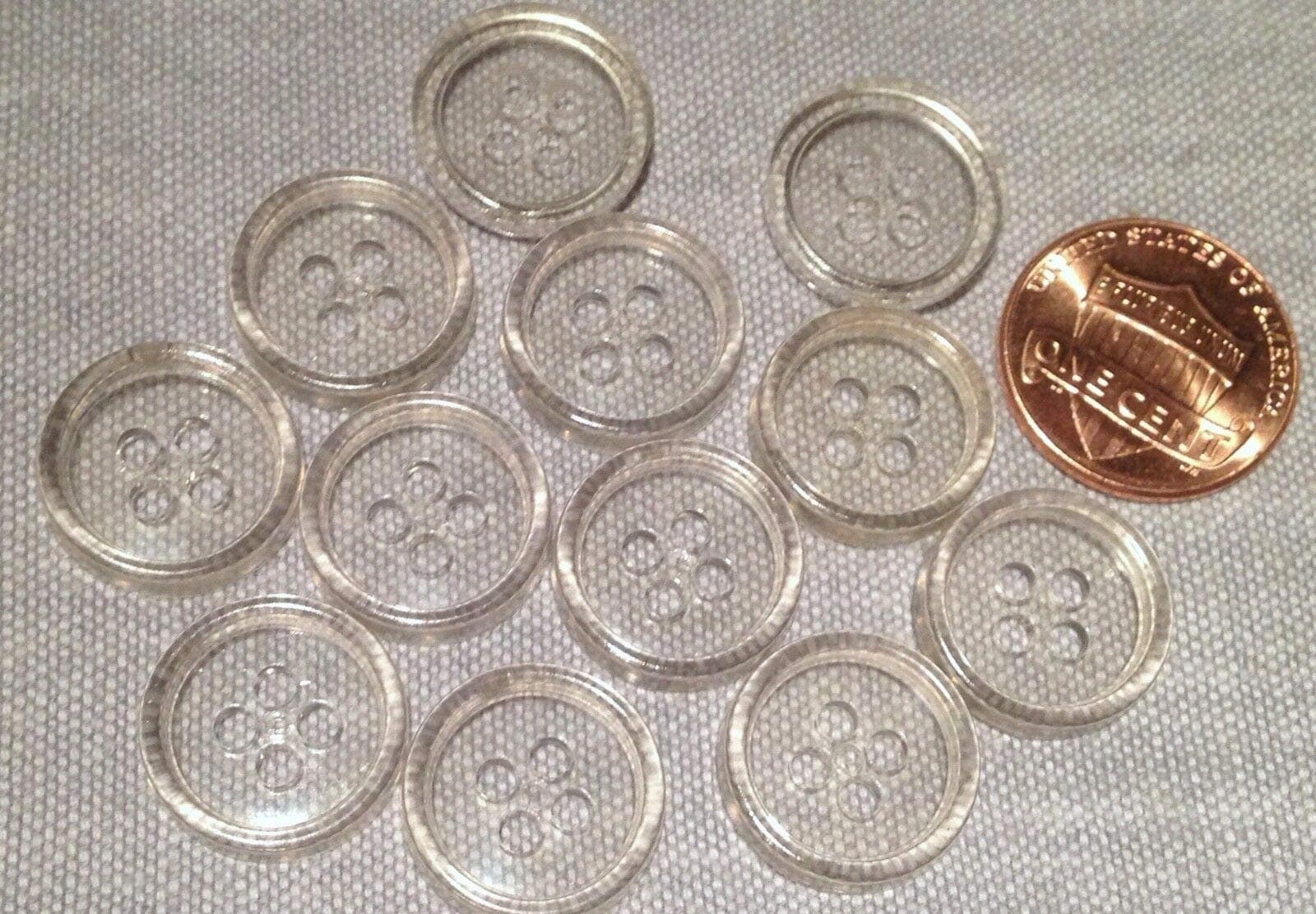 12 Concave Clear Translucent Plastic Sew-through Buttons Almost 5/8" 15.4mm 7577