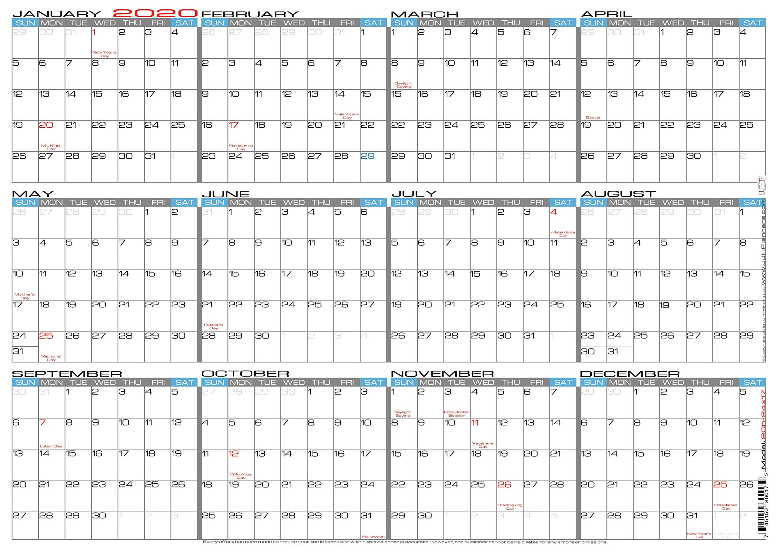 JJH Planners - Laminated - 24" X 17" Medium 2020 Erasable Wall Calendar - Horizontal 12 Month Yearly Annual Planner (20h-24x17)