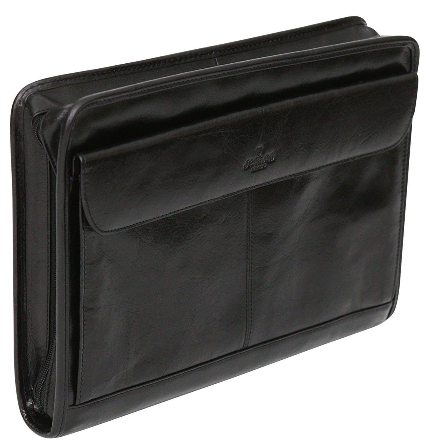 S Babila Top Grain Leather Conference Folder - Front Pocket and Slip in Compartment - Black