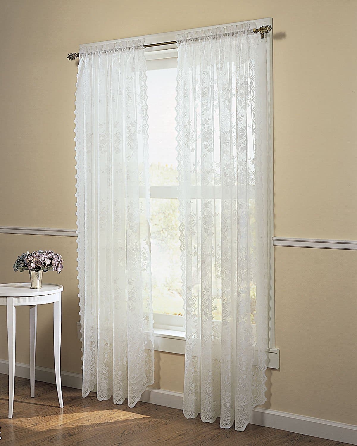 Easy Care Fabrics Lace Window Curtain Drape Panel Treatment, 58 by 84-Inch, White