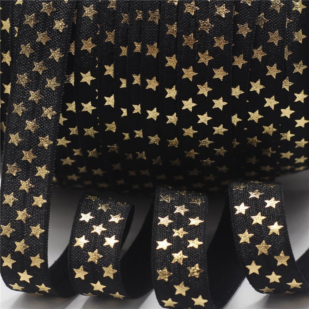 mdribbon Value Pack 5/8" 10 Yds/Pack (16mm Wide 9.144 Meters Length) Gold Star Print Stretch Fold Over Elastic Ribbon-For Hair Tie Hair Band Headband Accessories-Black Color