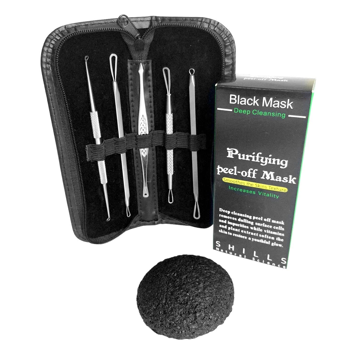 Blackhead And Blemish Remover Bundle - Includes 5 pc Stainless Steel Comedone Extractor Kit, Deep Cleansing Peel Off Mask, and Charcoal Konjac Sponge