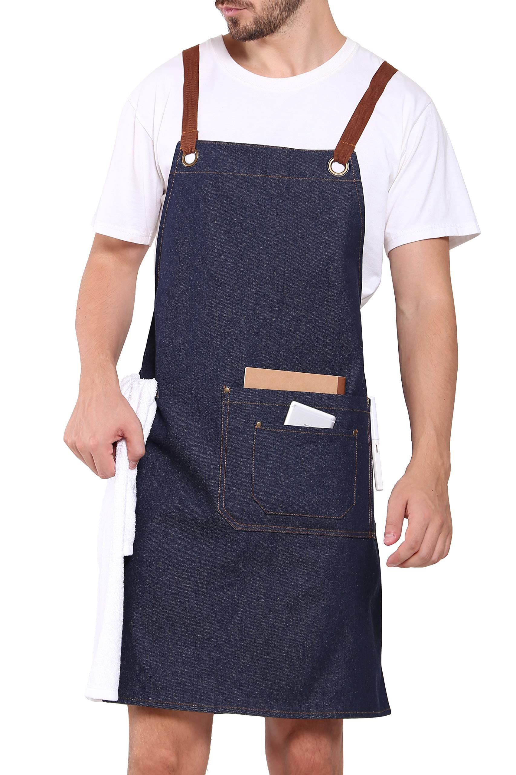 KE FEI Durable Chef Blue Denim Cooking Apron with 3 Pockets + Towel Loop + Cross-Back Strap + Copper Rivet, Adjustable M to XXL. Urban Style - Suitable for Barista Apron,Men Apron and Grilling Apron