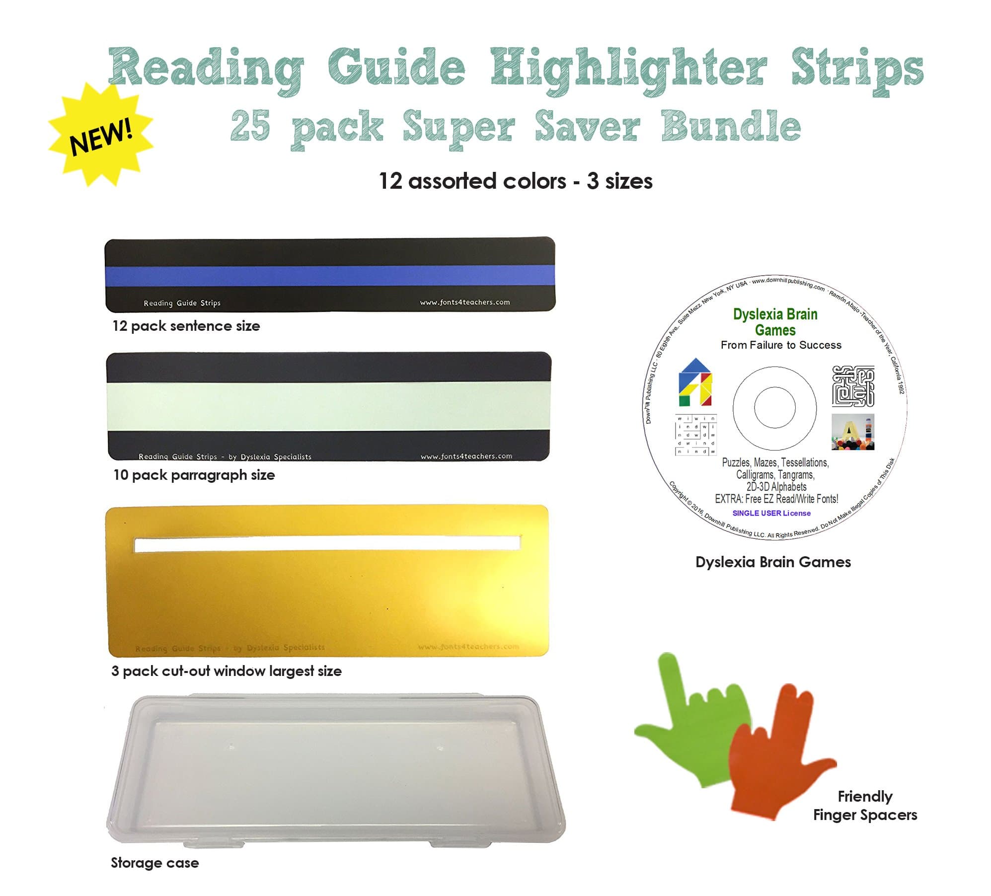 (25 Pack/3 Sizes) Reading Strips for Teachers, Students and Kids with Case + Dyslexia Brain Games CD + Finger Spacers | Reading Rulers for Kids with Dyslexia | Colored Reading Strips with Overlays