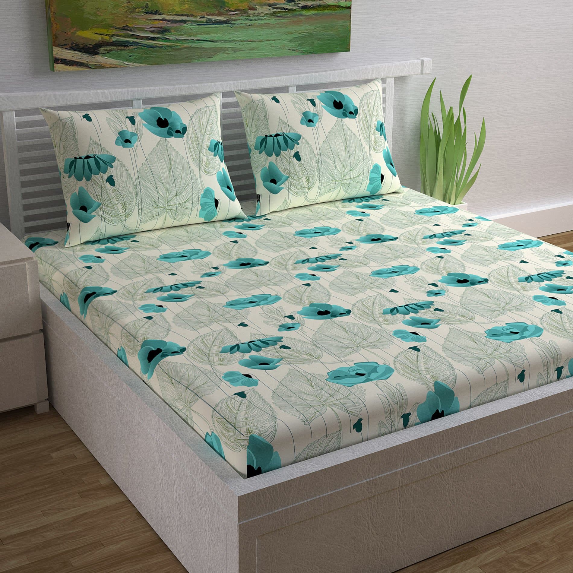 Divine Casa Magic 104 TC Cotton Double Bedsheet with 2 Pillow Covers - Modern, Green/Floral
