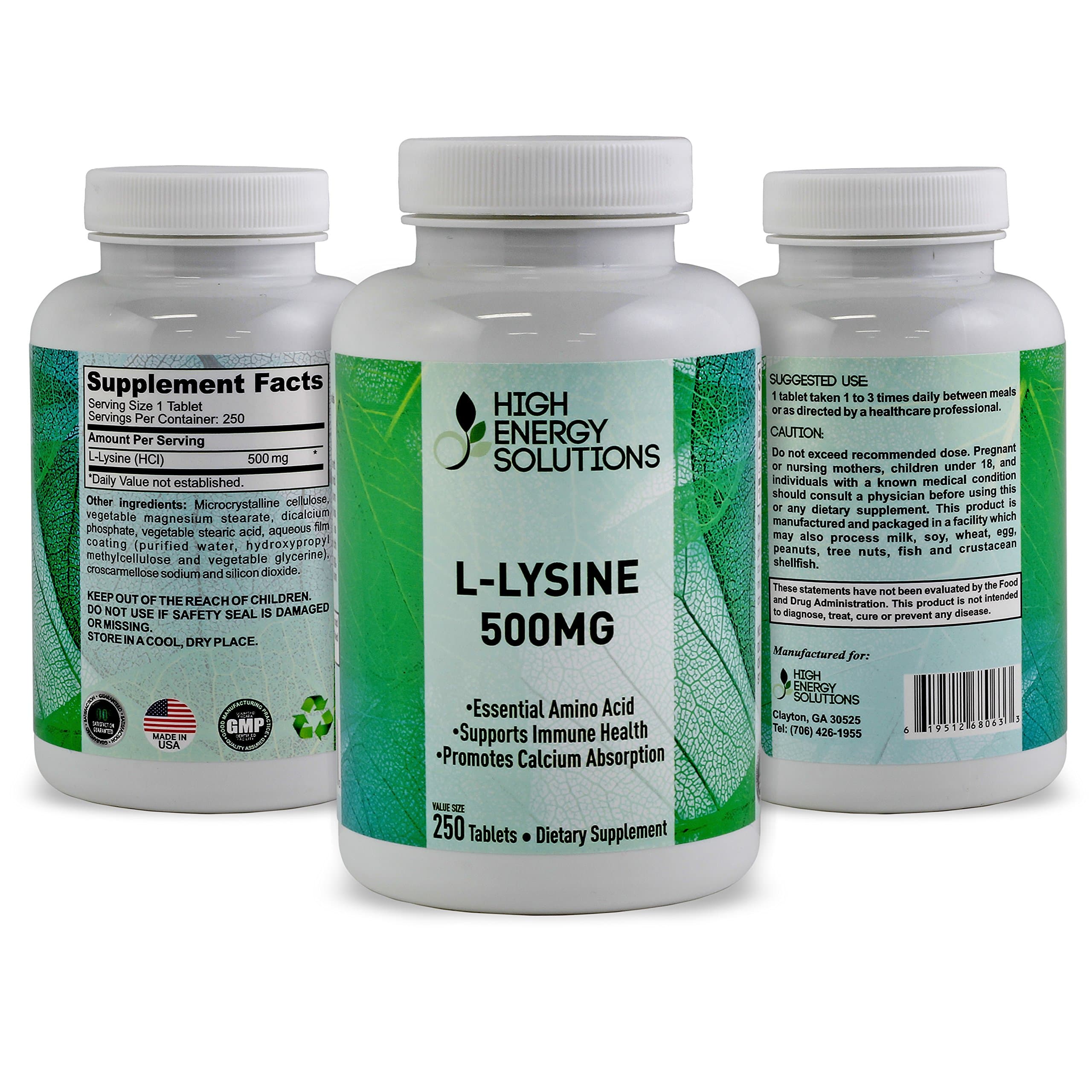 HIGH ENERGY SOLUTIONS - L-LYSINE - Value Sized 250 Tablet Bottle 100% Pure - Potent 500MG Essential Amino Acid Tablets for Amazing Health Benefits - Ultimate Bio-Availability and Absorption GMP - USA