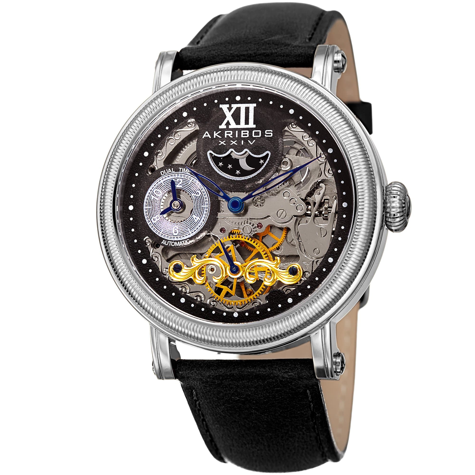 Akribos Skeleton Automatic Dual Time Watch - Skeletonized Self-Wind Men's Coin-Edge Bezel Transparent Watch - Casual Genuine Leather Watch AK968