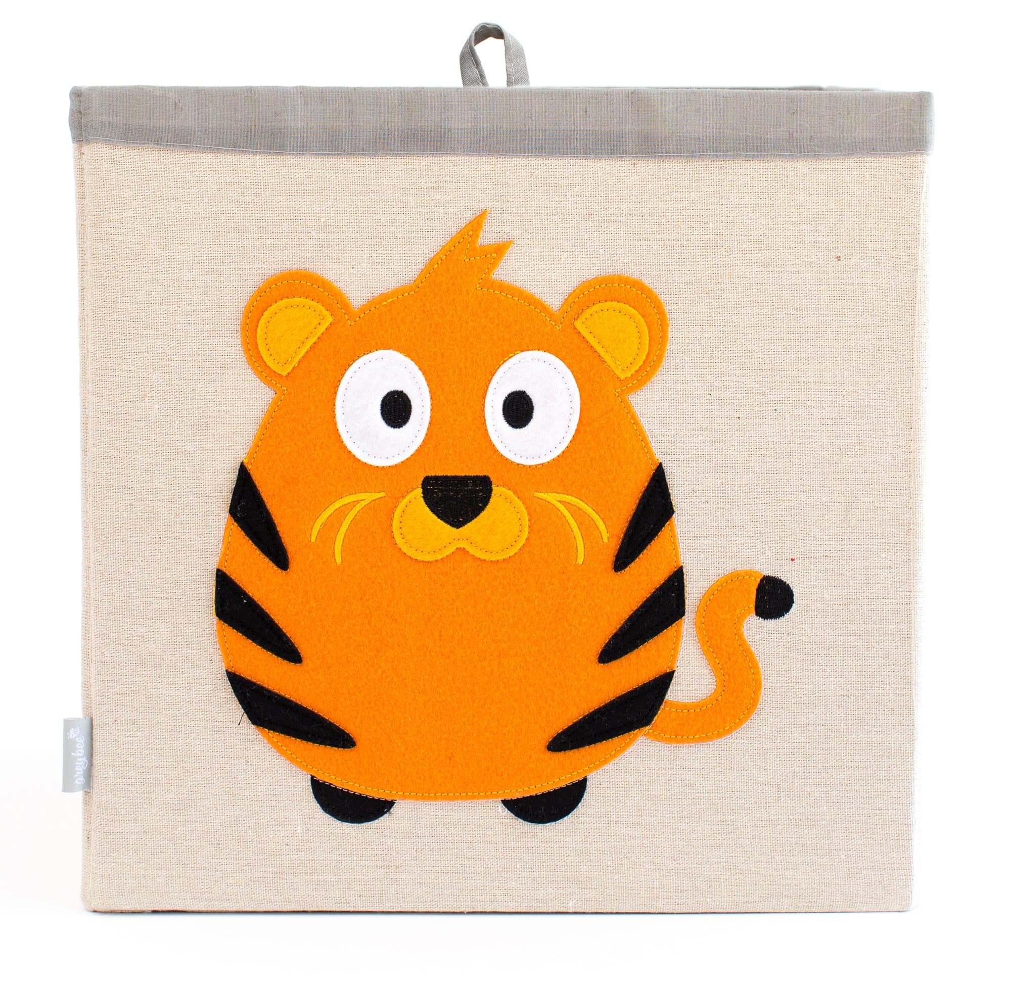 Large Collapsible Cube Storage Bin :: 100% Jute Canvas Toy Basket for Baby Items, Kids' Clothes & Much More, 13" x 13" Square, with Adorable Felt Animal Design, Tiger, Orange by Grey Bee