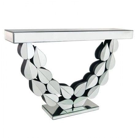 VENETIAN IMAGE Modern Mirrored Console Table – 48x30x15” Decorative Entryway Accent Table with Teardrop Design, Glass Surface & Unique Geometric Base for Hallway, Living Room, or Bedroom
