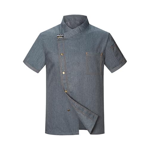 Men's Chef Coat Short Sleeve Button Shirts Chef Work Jacket Slim Fit Breathable Tops Lightweight Summer Top