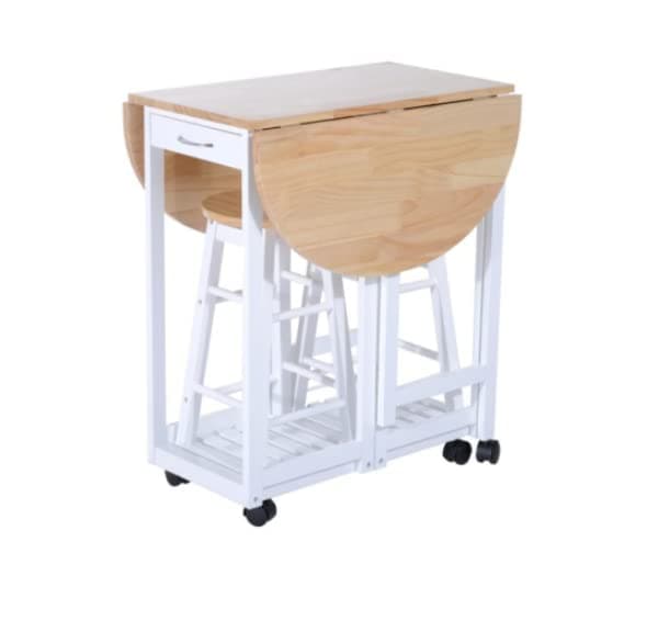 Kitchen Dining Table and Chairs Small Folding Set Drop Leaf Breakfast 3pc Wooden Space Saving Wheels 2 Stools Cafe Compact Bar Pub Furniture