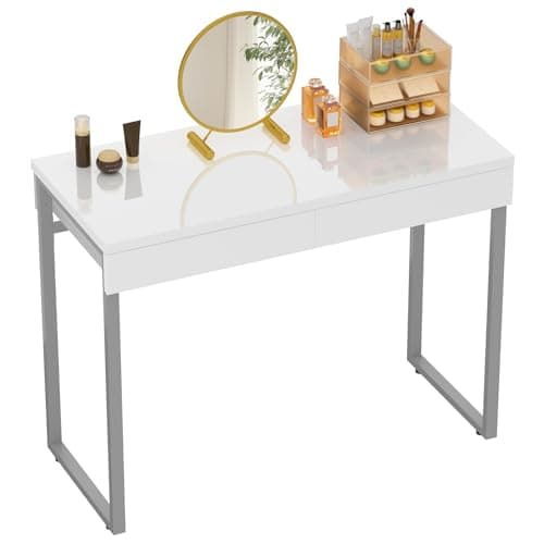 GreenForest Dressing Table with 2 Drawers Glossy White 100 x 40 cm Home Office Computer Desk Makeup Vanity Console Table with Metal Silver Legs for Small Spaces Bedroom Furniture No Mirror,Silver