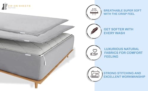 Zip On Sheets™ Zipper Fitted Sheet Twin Size - Upto 16” Inch Deep Pockets - Includes 1 Fitted Sheet Base & 2 Zip-On Sheets - Easy to Use, Sateen Cotton 500 TC Fitted Sheet - Baby Pink