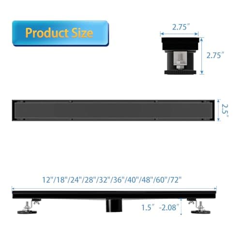 Linear Shower Drain, 24 inch Black Drain with Tile Insert 2-in-1 Panel, Brushed 304 Stainless Steel Shower Floor Drain, Linear Drain with Hair Strainer and Adjustable Feet