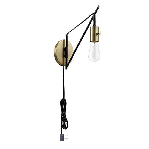 Globe Electric 51343 Exeter 1-Light Hardwire Swing Arm Wall Sconce, Bronze, Brass Accents, 6ft Black Woven Fabric Cord, Flat Plug, Socket Rotary On/Off Switch, 12"