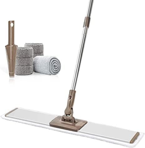 CQT Commercial Flat Microfiber Floor Mop Cleaning System 24" Inch Wet Dry and Dust Hardwood with 4 Washable Pads Cleaner for Laminate Tile Stainless Steel Handle and Extension (24", Brown)