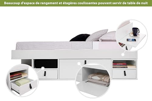 Bali Functional Bed,150 x 200 cm, White, with Plenty of Storage Space and Drawers, Ideal for Small Bedrooms, Bed Made of Solid Wood and White Medium-Density Fibreboard (MDF), with Slatted Frame