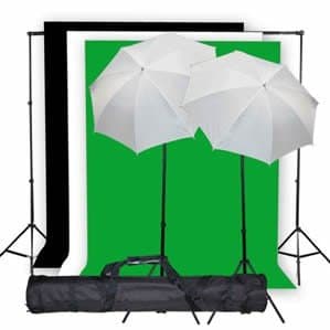 Photo Studio Lighting Light kit & Stand / (3) 10' x 10' Muslin Green, White, Black / (2) Snow White Umbrella 33" - K1