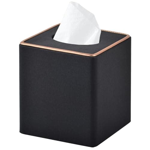 RHCSZ Linen Square Tissue Box Cover,Cube Tissue Box Holder-Excellent Rosegold Leather Decoration,Table Napkin Case Dispenser,Facial Tissues Organizer with Magnetic Bottom for Home Office Car(Black)