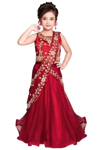 White Button Girls Polyester Blend New Stone And Embroidery Work Half Saree Styled Kids Readymade Lehenga Choli