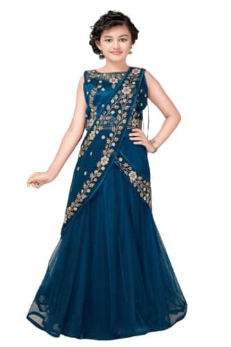 White Button Girls Polyester Blend New Stone And Embroidery Work Half Saree Styled Kids Readymade Lehenga Choli