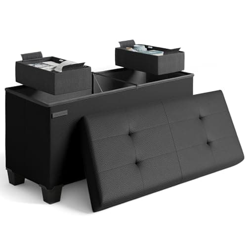 Storage Ottoman Bench with Storage Bins, 30-In Storage Bench for Bedroom End of Bed, Folding Foot Rest Ottoman with Storage for Living Room, Storage Chest Max 660lbs, Faux Leather Ottoman, Black