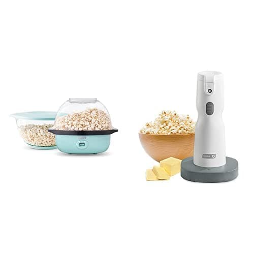 DASH SmartStore™ Deluxe Stirring Popcorn Maker with Large Lid for Serving Bowl and Storage, 24 Cups – Aqua + Dash Electric Butter Sprayer, Cordless Butter Sprayer for Popcorn, Toast and More - White